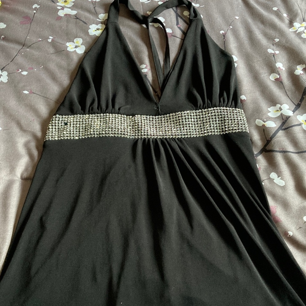 Dressy black racer back style halter with rhinestones